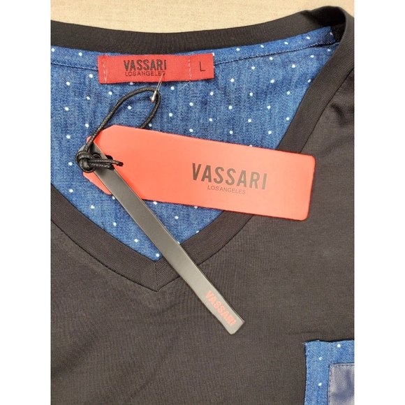 Vassari Los Angeles Black Faux Leather Patch VNeck Designer Short Sleeve Shirt - Picture 9 of 11